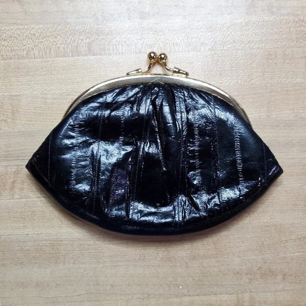 Lee Sands Vintage Black Eel Skin Kiss Lock Coin Purse Small Clutch Wallet